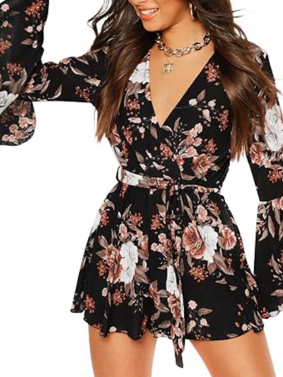 Boohoo Pants - Boohoo Black Floral Wrap Top Bell Sleeve Romper NWT